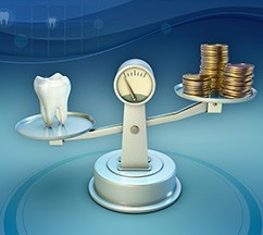 Tooth and coins on a balance scale