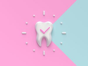 Rendering of a 3D tooth clock on a pink and blue background